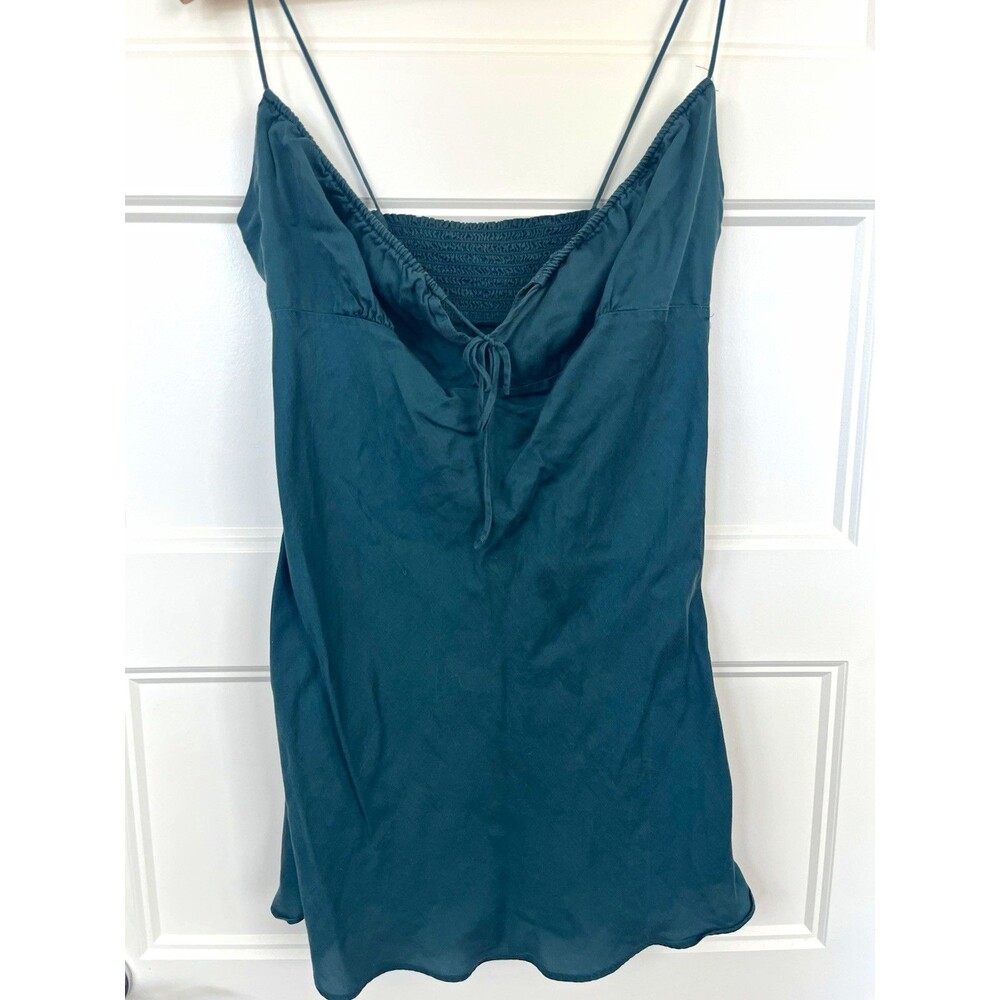 Victoria's Secret PINK Teal Satin Slip Dress Camisole Smocked Tie Front Mini L